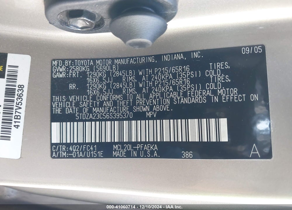 2006 TOYOTA SIENNA LE VIN: 5TDZA23C56S395370