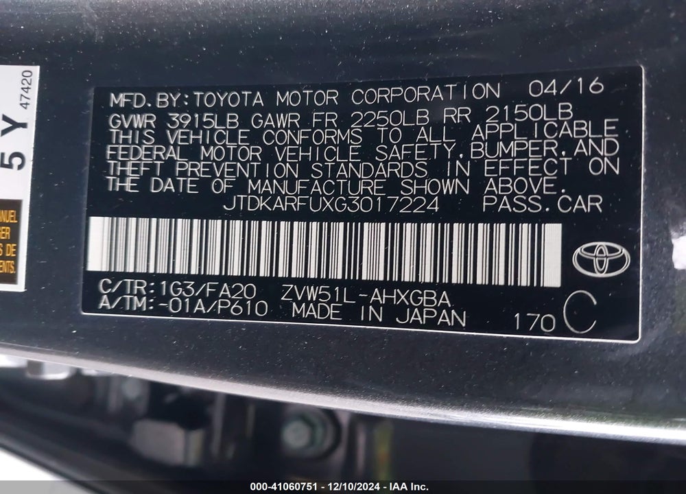 2016 TOYOTA PRIUS THREE VIN: JTDKARFUXG3017224