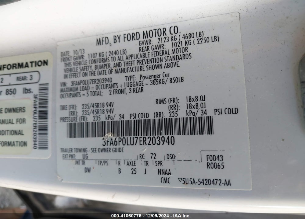 2014 FORD FUSION HYBRID SE VIN: 3FA6P0LU7ER203940