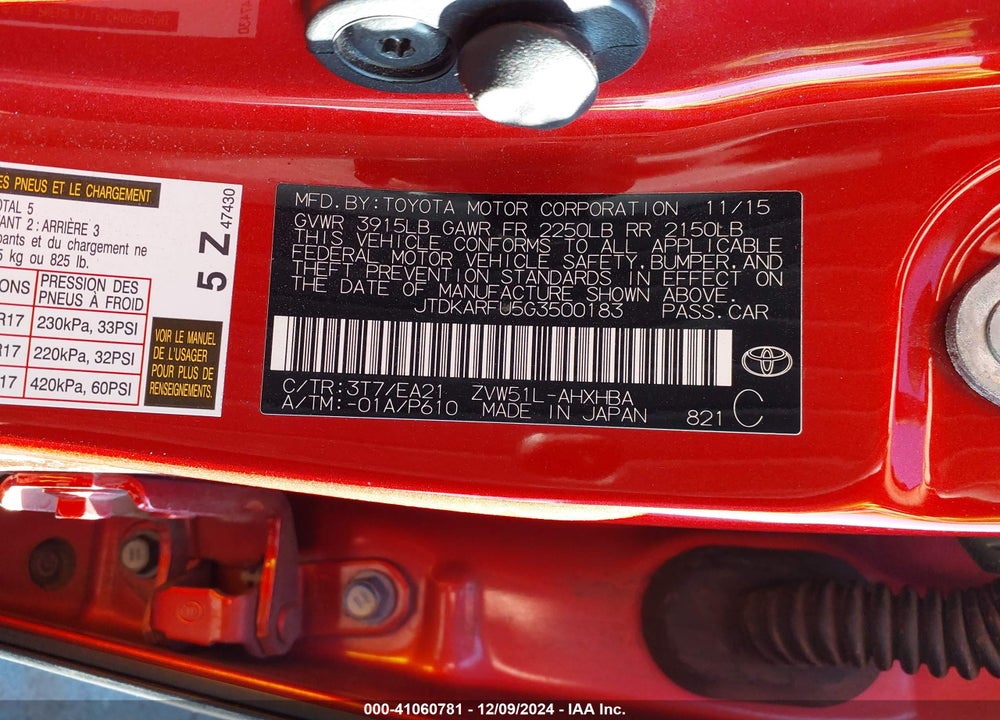 2016 TOYOTA PRIUS VIN: JTDKARFU5G3500183
