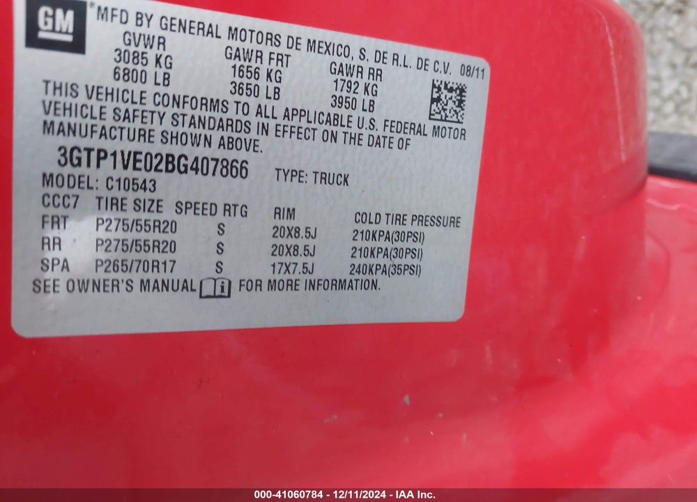 2011 GMC SIERRA 1500 SLE VIN: 3GTP1VE02BG407866
