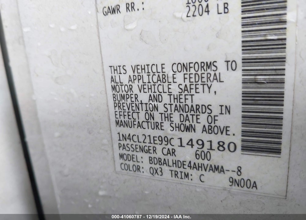 2009 NISSAN ALTIMA HYBRID VIN: 1N4CL21E99C149180