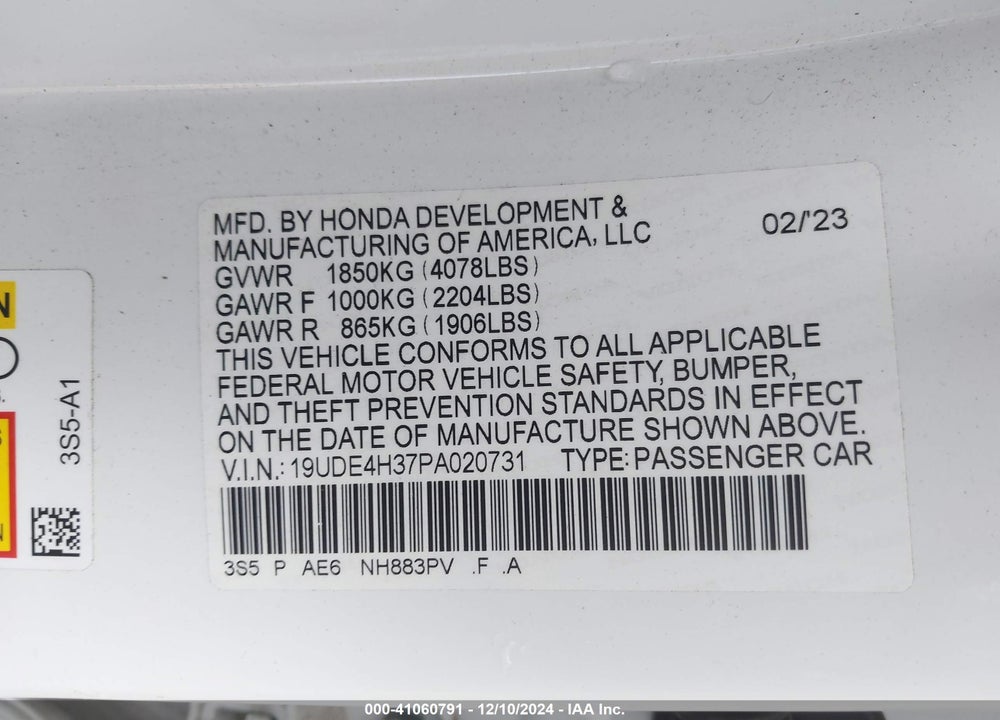 2023 ACURA INTEGRA A-SPEC VIN: 19UDE4H37PA020731