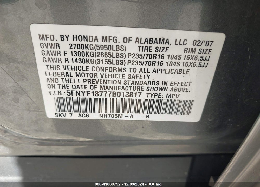 2007 HONDA PILOT EX-L VIN: 5FNYF18777B013817