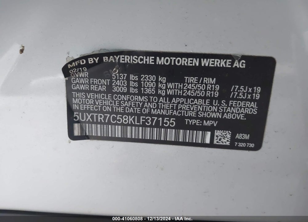 2019 BMW X3 SDRIVE30I VIN: 5UXTR7C58KLF37155