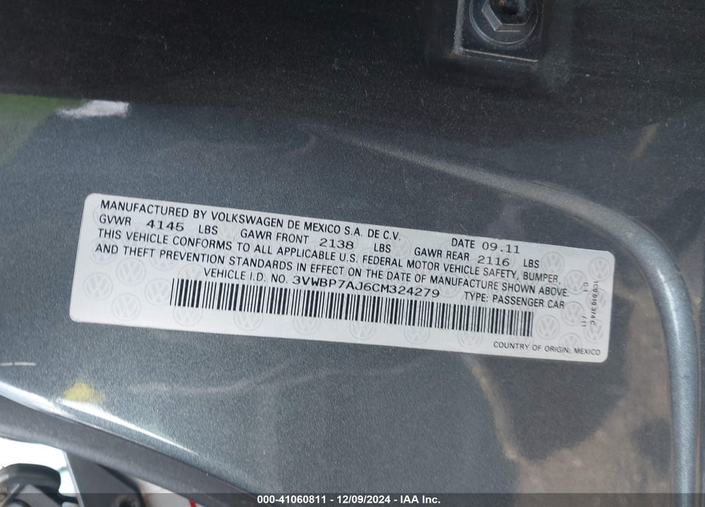 2012 VOLKSWAGEN JETTA 2.5L SE VIN: 3VWBP7AJ6CM324279