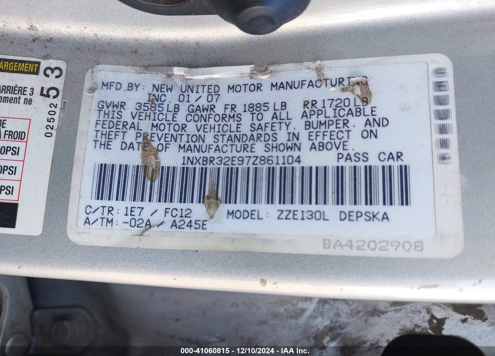 2007 TOYOTA COROLLA S VIN: 1NXBR32E97Z861104