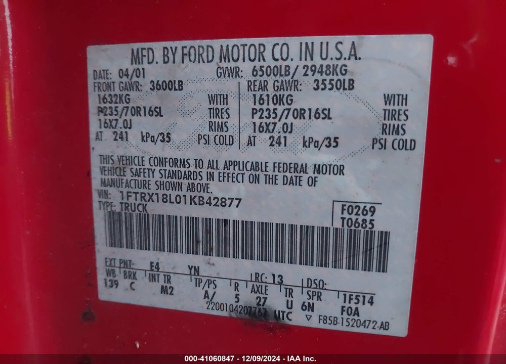 2001 FORD F-150 LARIAT/XL/XLT VIN: 1FTRX18L01KB42877