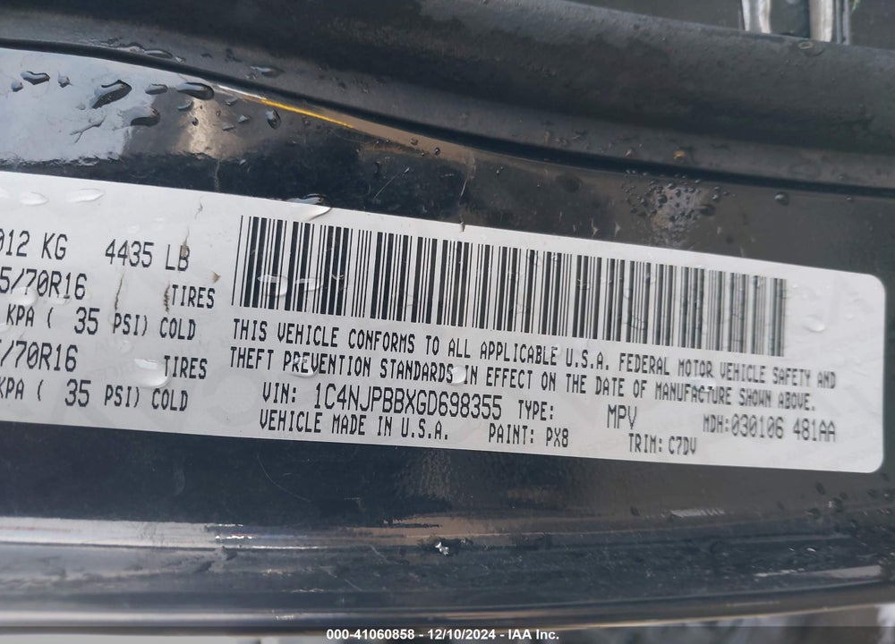 2016 JEEP PATRIOT SPORT VIN: 1C4NJPBBXGD698355
