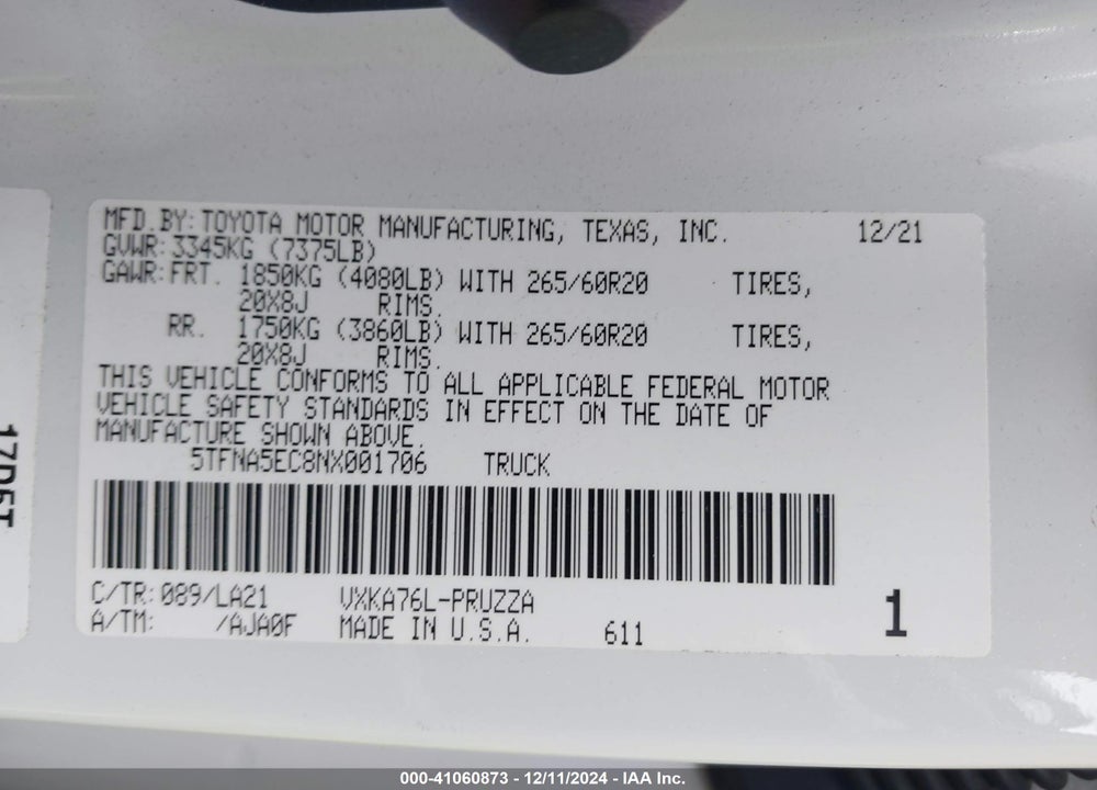 2022 TOYOTA TUNDRA PLATINUM VIN: 5TFNA5EC8NX001706