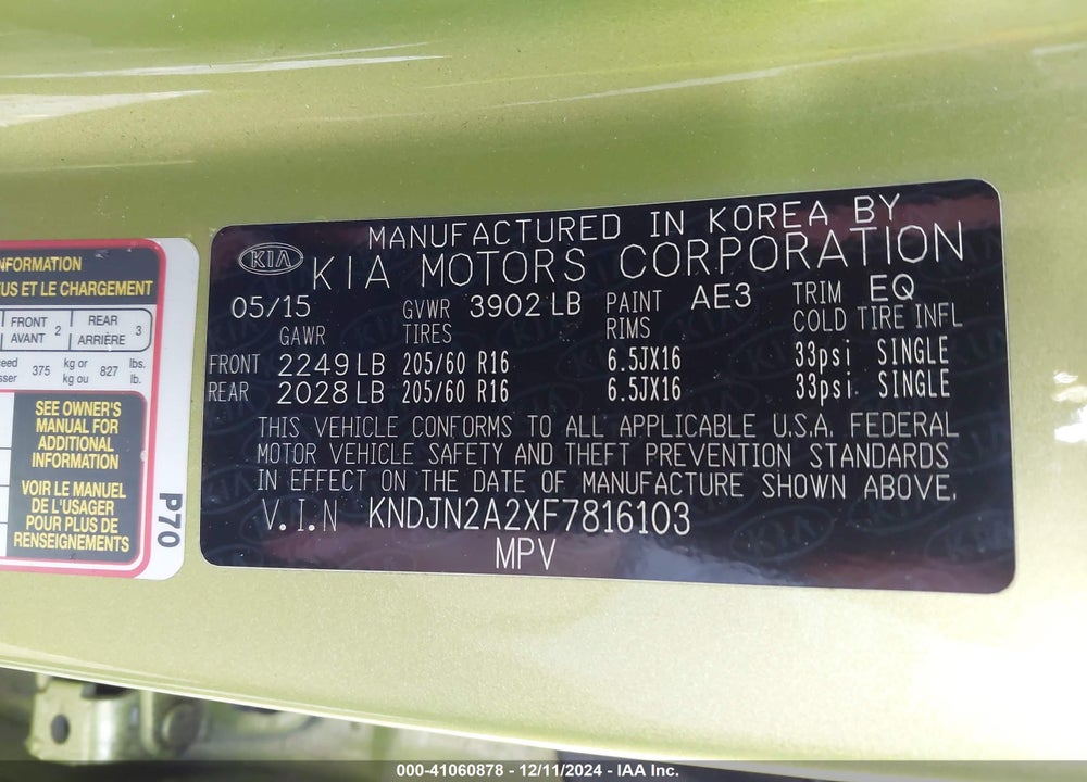 2015 KIA SOUL VIN: KNDJN2A2XF7816103