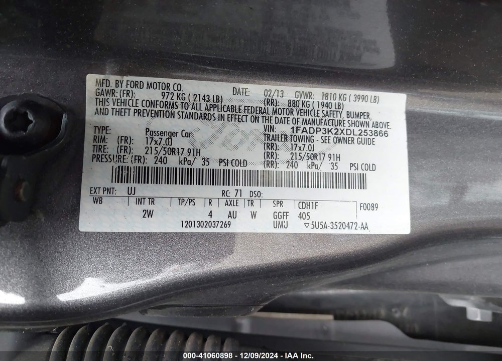 2013 FORD FOCUS SE VIN: 1FADP3K2XDL253866
