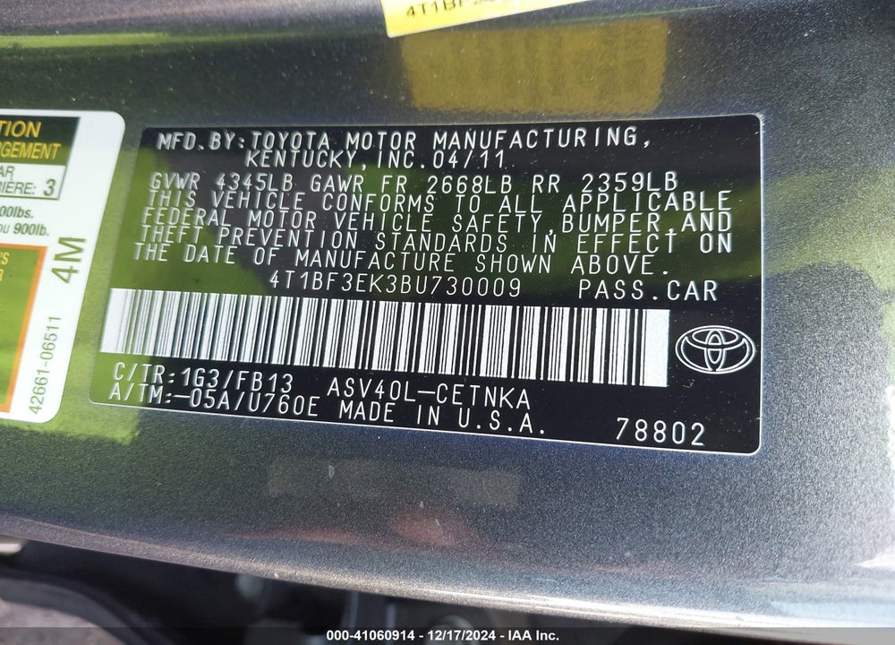 2011 TOYOTA CAMRY LE VIN: 4T1BF3EK3BU730009