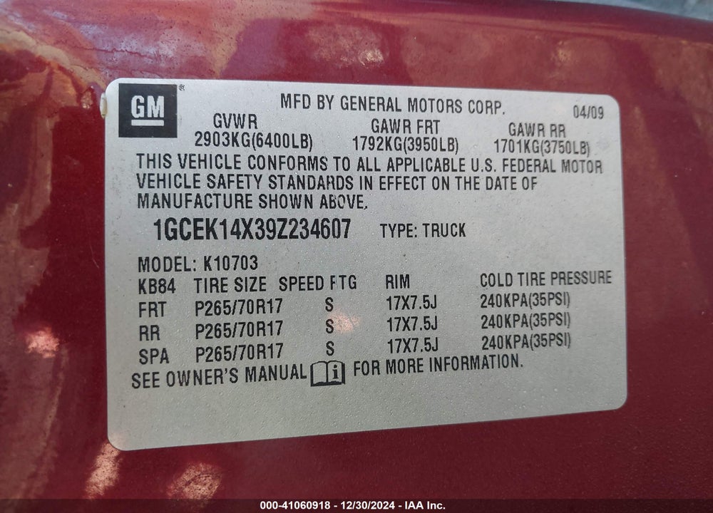 2009 CHEVROLET SILVERADO 1500 WORK TRUCK VIN: 1GCEK14X39Z234607