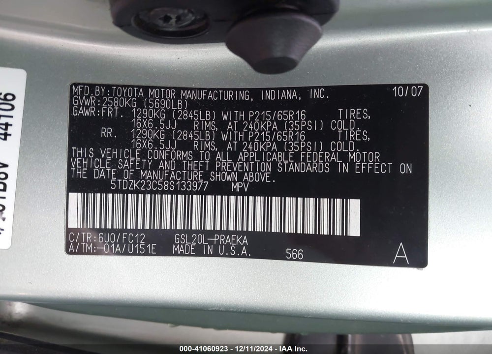 2008 TOYOTA SIENNA LE VIN: 5TDZK23C58S133977