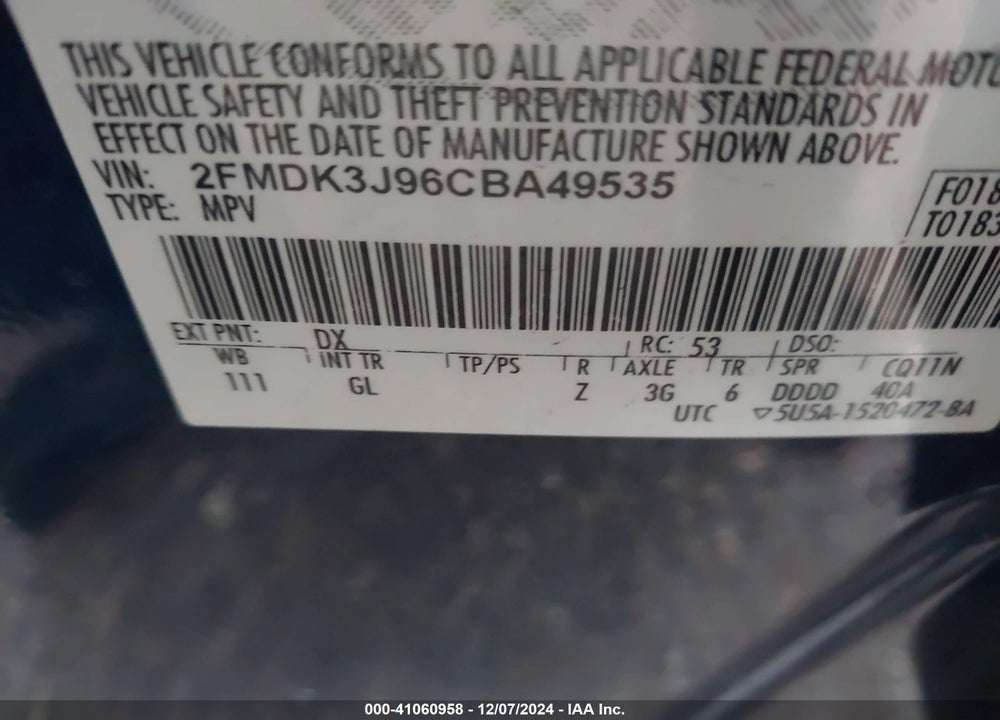 2012 FORD EDGE SEL VIN: 2FMDK3J96CBA49535