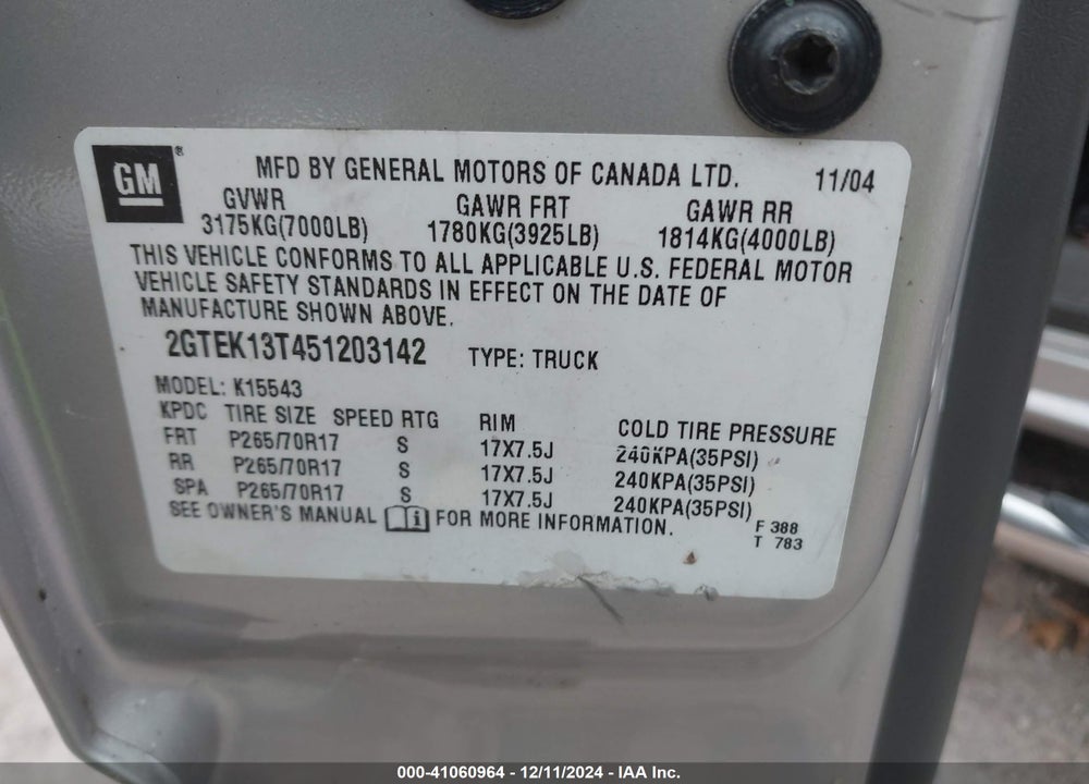 2005 GMC SIERRA 1500 SLE VIN: 2GTEK13T451203142