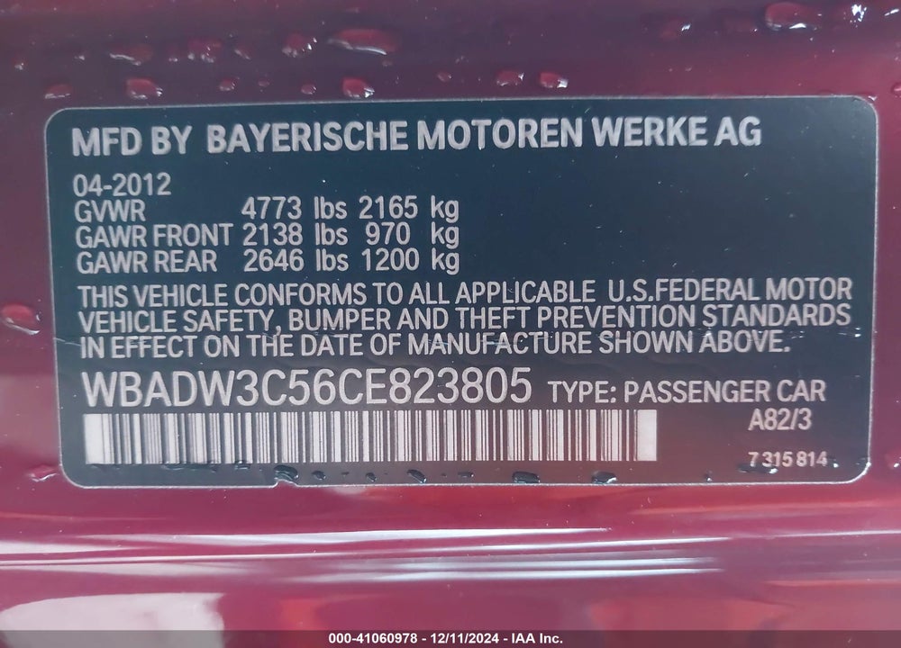 2012 BMW 328I VIN: WBADW3C56CE823805