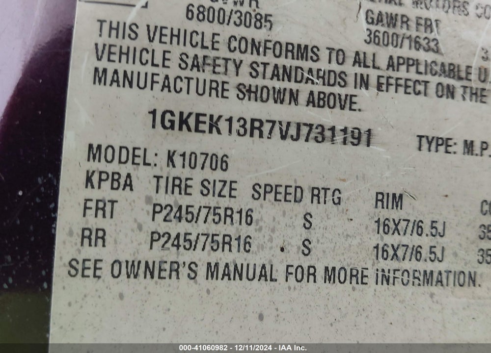 1997 GMC YUKON SLE VIN: 1GKEK13R7VJ731191