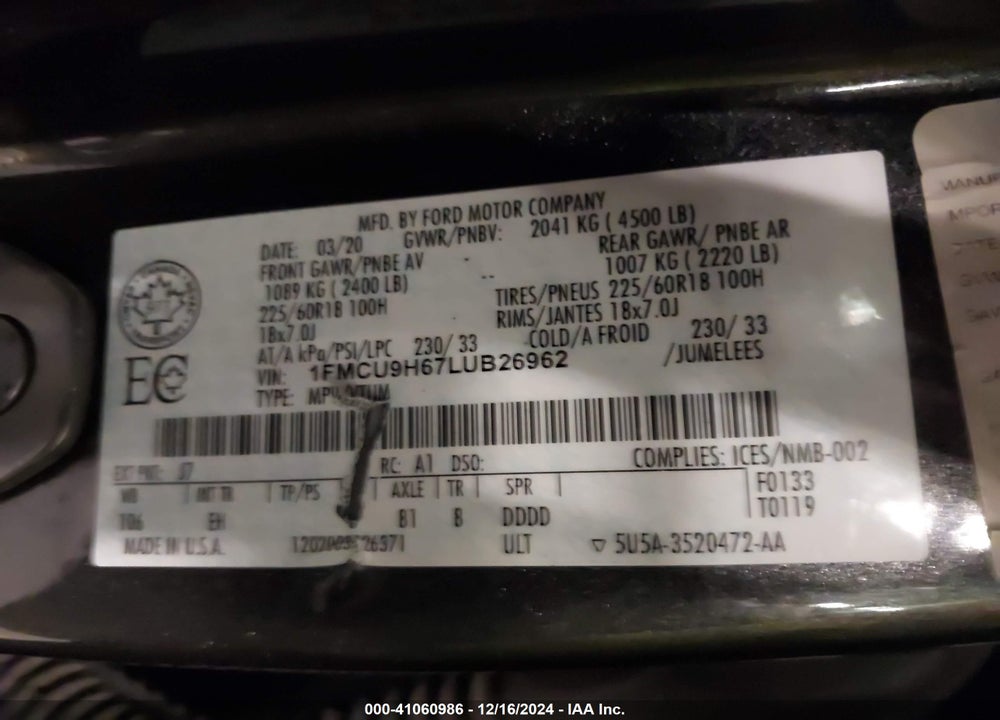 2020 FORD ESCAPE SEL VIN: 1FMCU9H67LUB26962