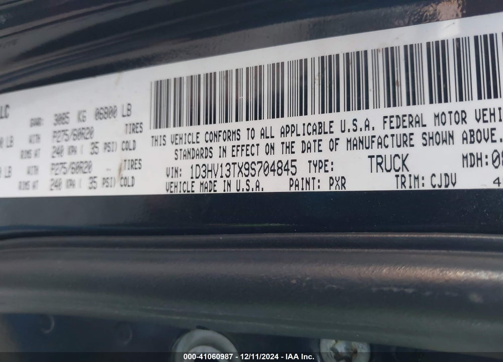 2009 DODGE RAM 1500 SLT/SPORT/TRX VIN: 1D3HV13TX9S704845