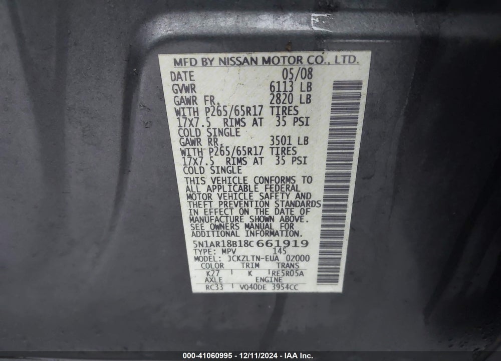 2008 NISSAN PATHFINDER SE VIN: 5N1AR18B18C661919