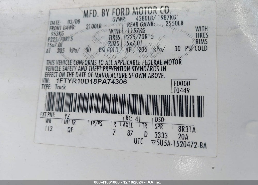 2008 FORD RANGER XL/XLT VIN: 1FTYR10D18PA74306