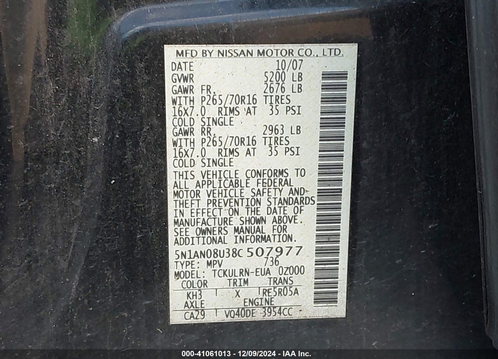 2008 NISSAN XTERRA S VIN: 5N1AN08U38C507977