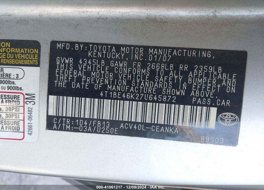 2007 TOYOTA CAMRY CE VIN: 4T1BE46K27U645872