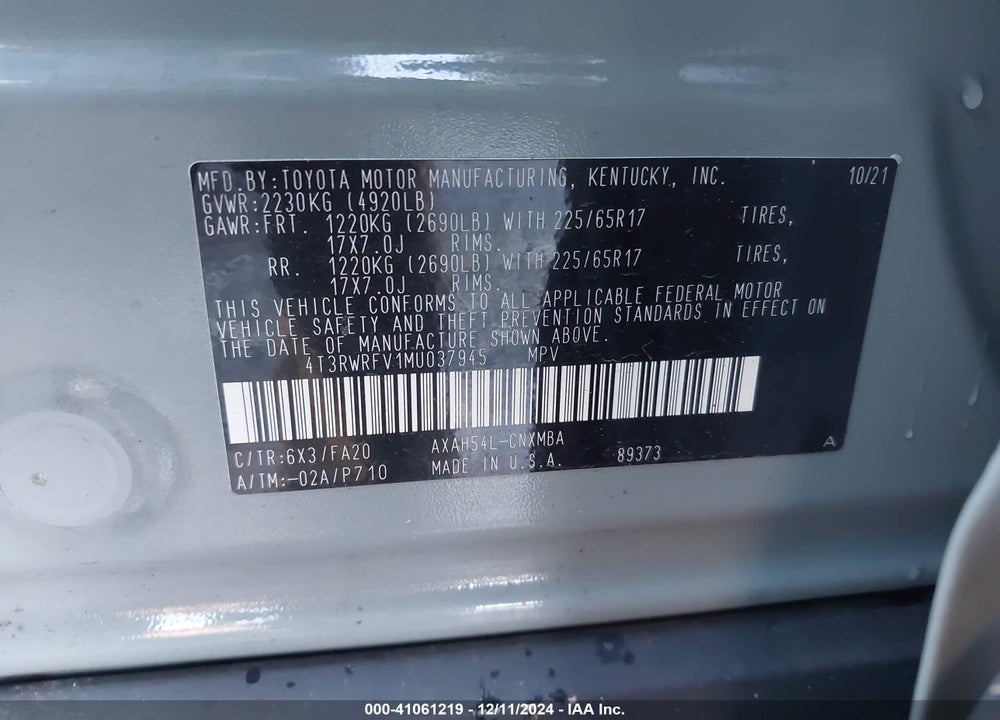 2021 TOYOTA RAV4 HYBRID XLE VIN: 4T3RWRFV1MU037945