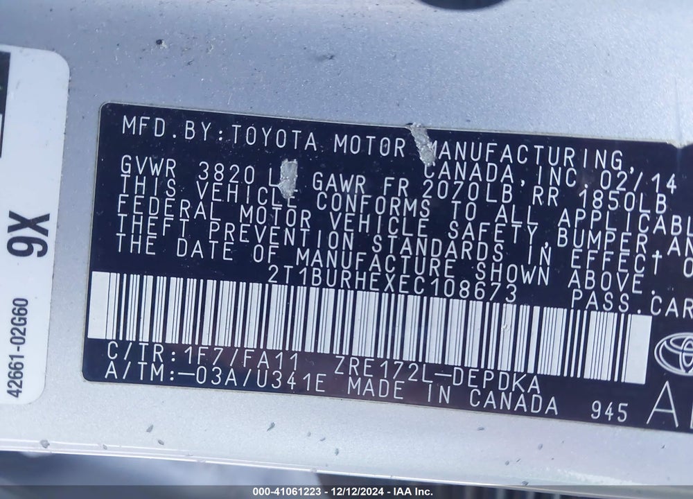 2014 TOYOTA COROLLA L VIN: 2T1BURHEXEC108673