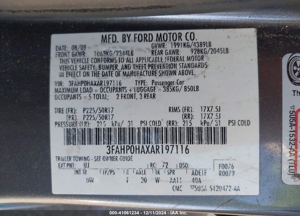 2010 FORD FUSION SE VIN: 3FAHP0HAXAR197116