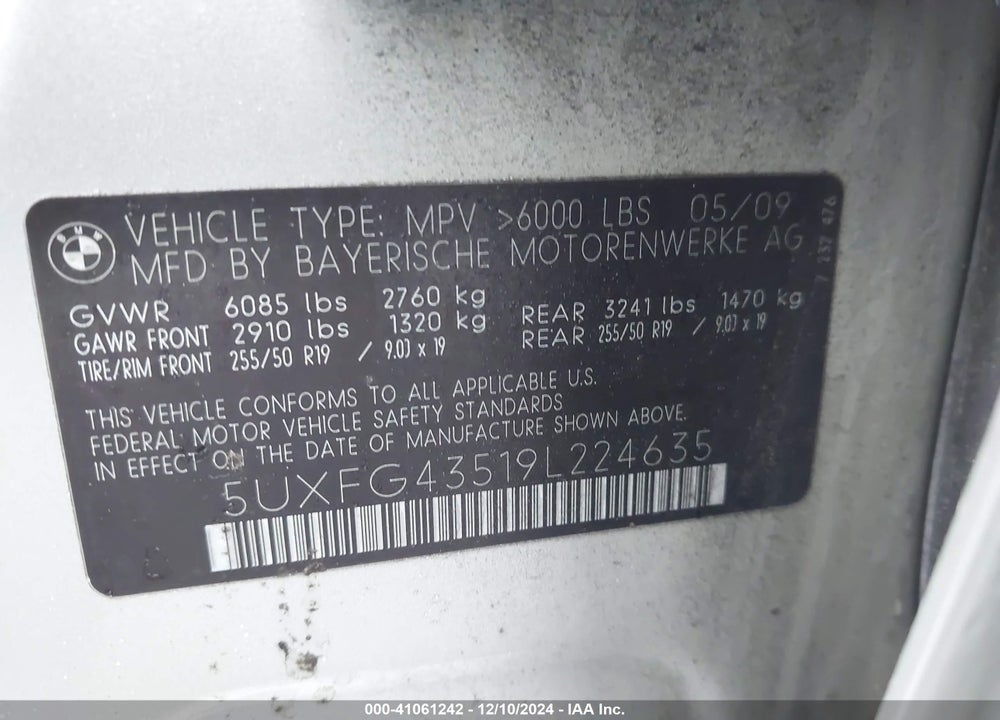 2009 BMW X6 XDRIVE35I VIN: 5UXFG43519L224635