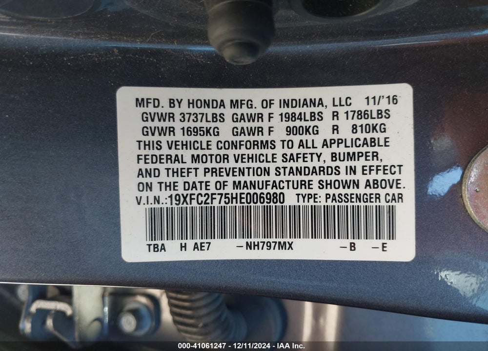 2017 HONDA CIVIC EX VIN: 19XFC2F75HE006980