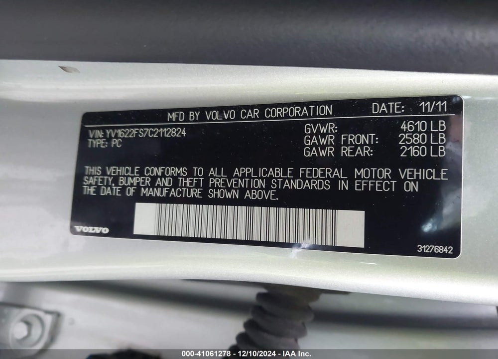 2012 VOLVO S60 T5 VIN: YV1622FS7C2112824