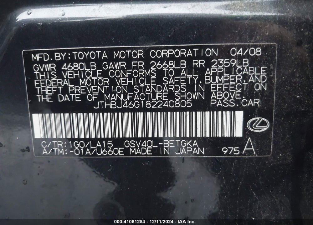 2008 LEXUS ES 350 VIN: JTHBJ46G182240805