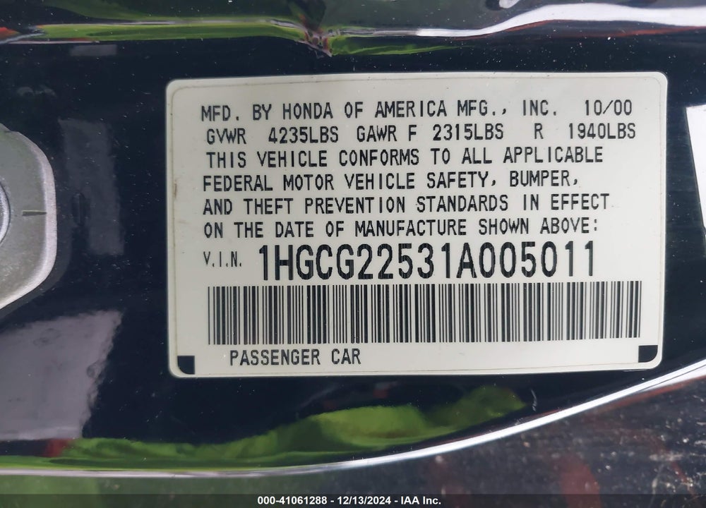 2001 HONDA ACCORD 3.0 EX VIN: 1HGCG22531A005011