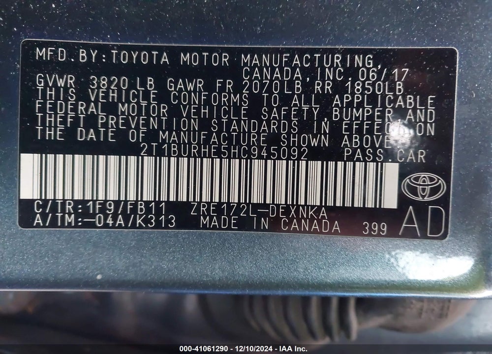 2017 TOYOTA COROLLA LE VIN: 2T1BURHE5HC945092