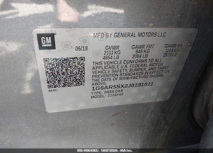 2018 CADILLAC CTS LUXURY VIN: 1G6AR5SX2J0181611
