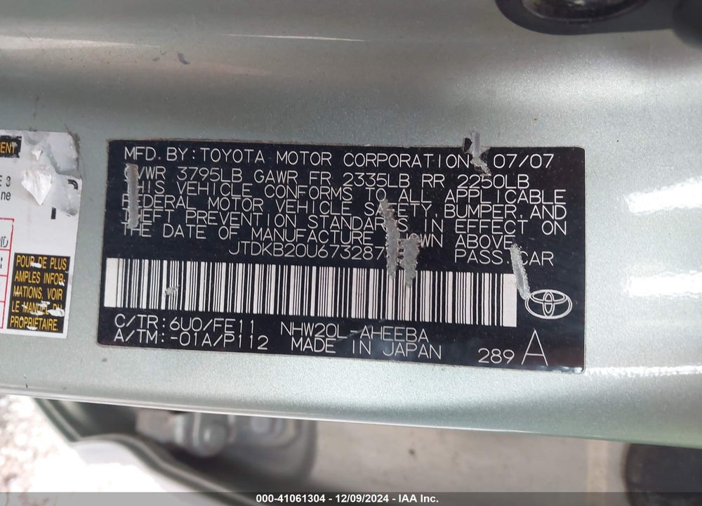 2007 TOYOTA PRIUS VIN: JTDKB20U673287757