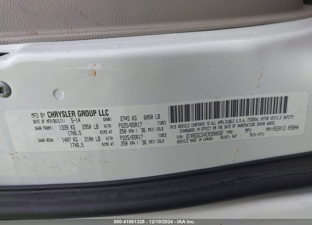 2014 DODGE GRAND CARAVAN SXT VIN: 2C4RDGCG4ER390692