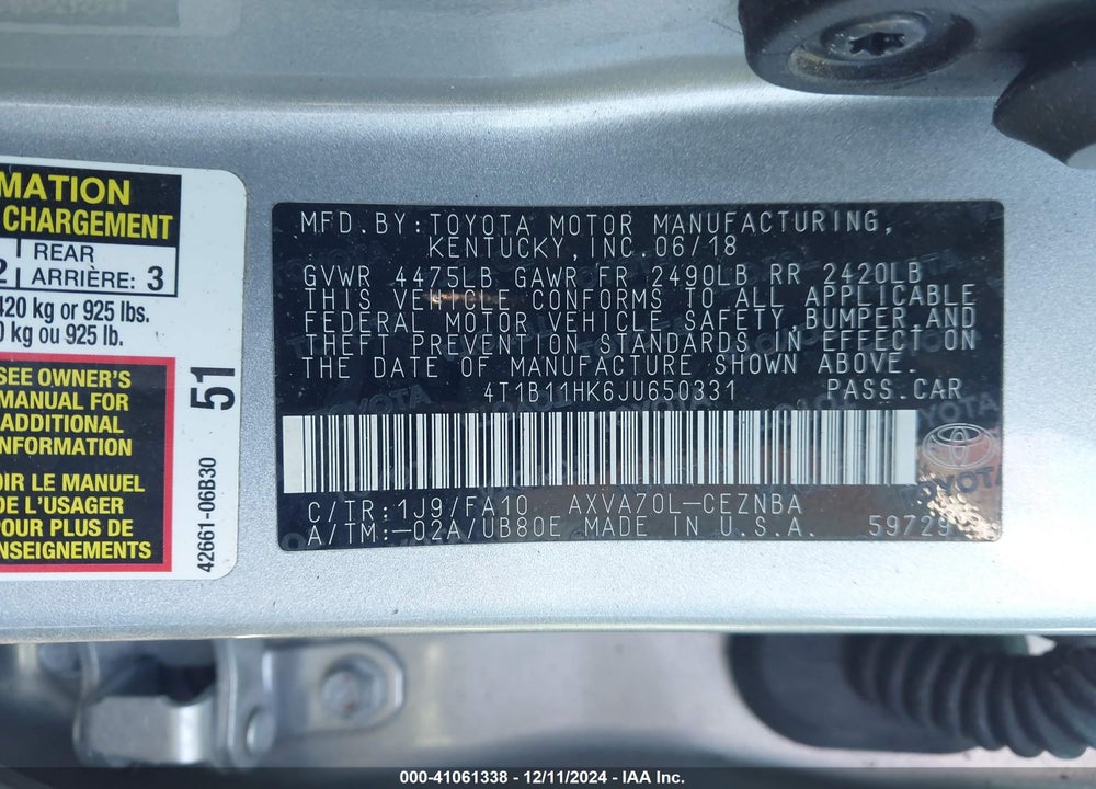 2018 TOYOTA CAMRY LE VIN: 4T1B11HK6JU650331
