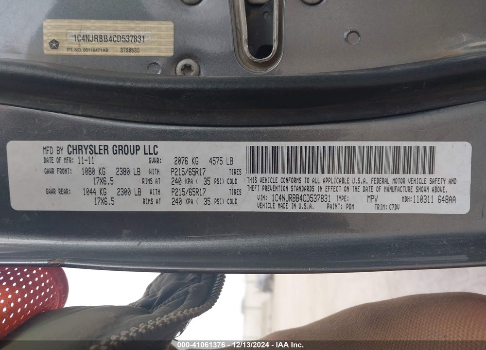 2012 JEEP PATRIOT SPORT VIN: 1C4NJRBB4CD537831