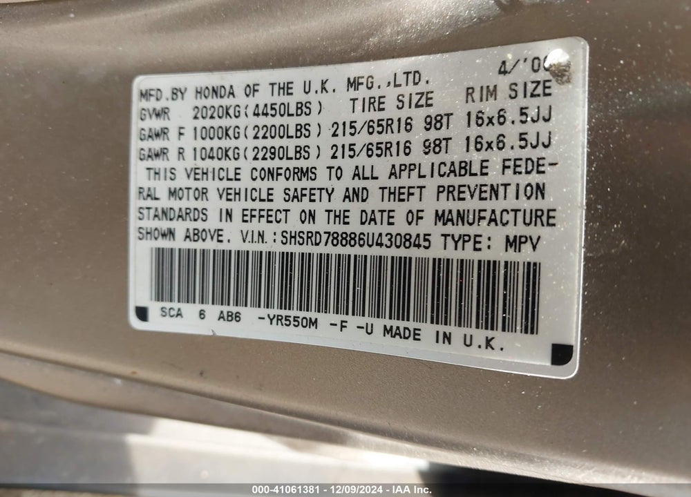 2006 HONDA CR-V EX VIN: SHSRD78886U430845