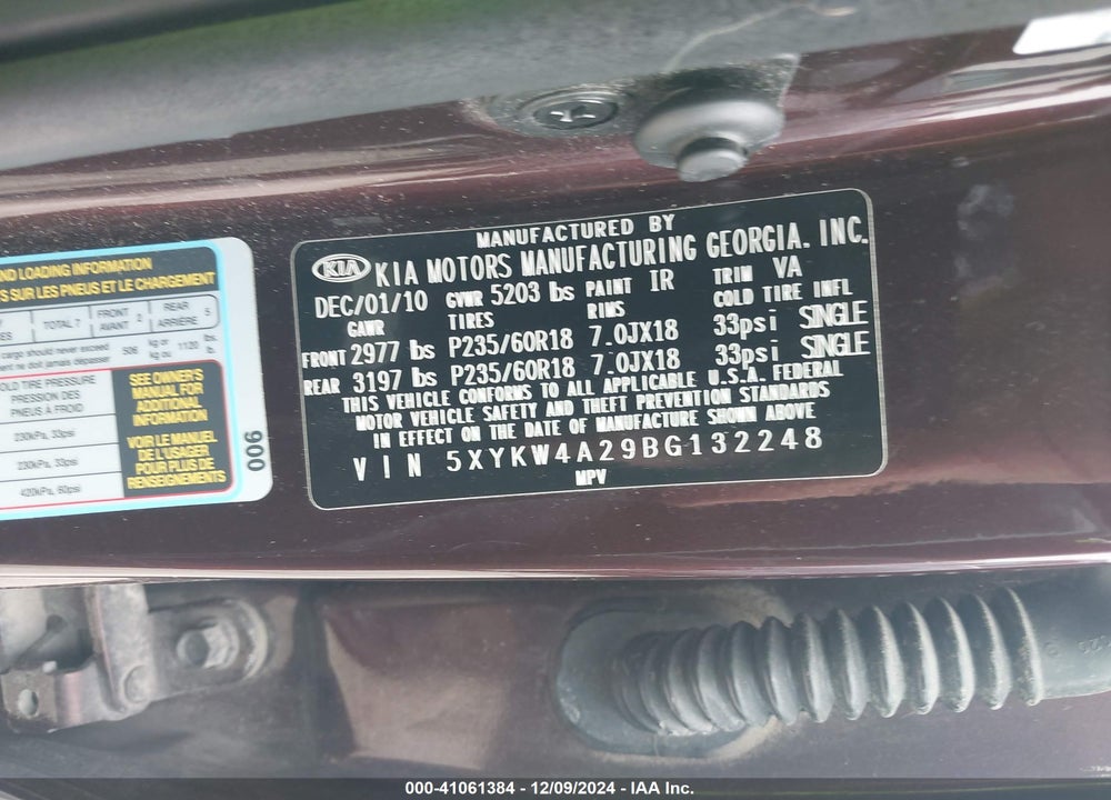 2011 KIA SORENTO SX V6 VIN: 5XYKW4A29BG132248