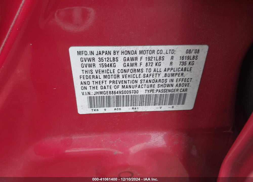2009 HONDA FIT SPORT VIN: JHMGE88649S009730