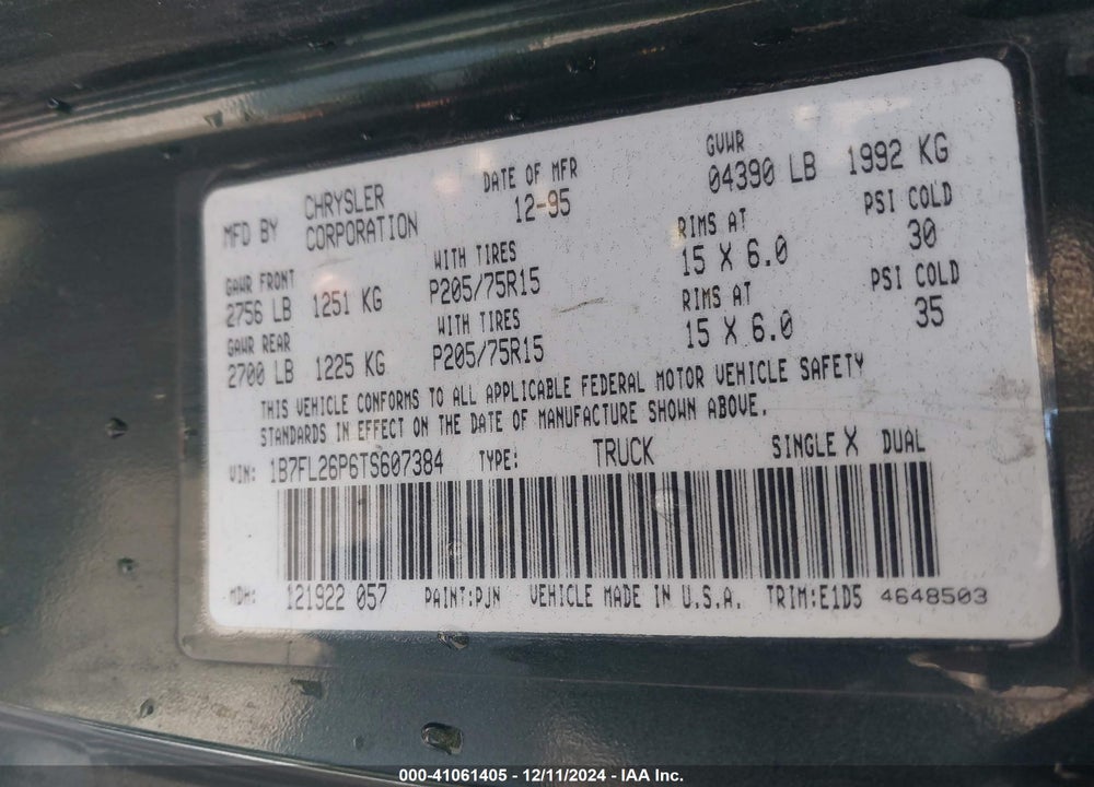 1996 DODGE DAKOTA VIN: 1B7FL26P6TS607384