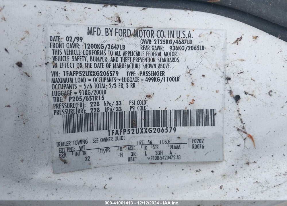 1999 FORD TAURUS LX VIN: 1FAFP52UXXG206579