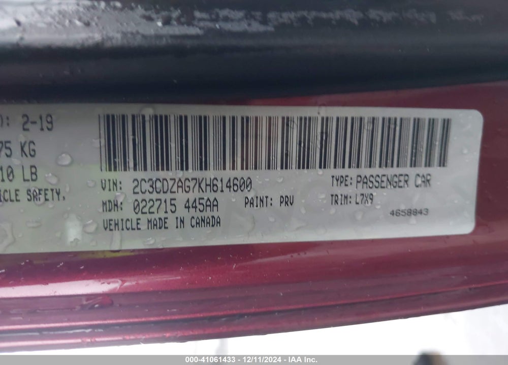 2019 DODGE CHALLENGER SXT VIN: 2C3CDZAG7KH614600