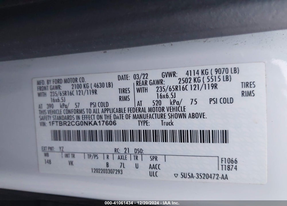 2022 FORD TRANSIT-250 CARGO VAN VIN: 1FTBR2CG0NKA17606